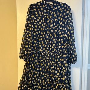 Maison Tara Navy and Yellow Floral Babydoll Midi Dress